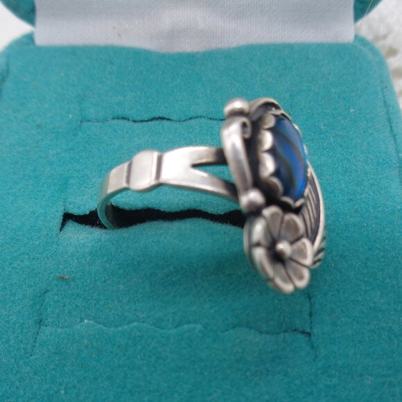 Vintage Blue PAUA SHELL Sterling Silver RING Leaf & Flower SZ. 7.5 - Picture 3 of 9